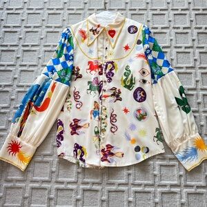 Artistic Cream and Blue Button Down Shirt